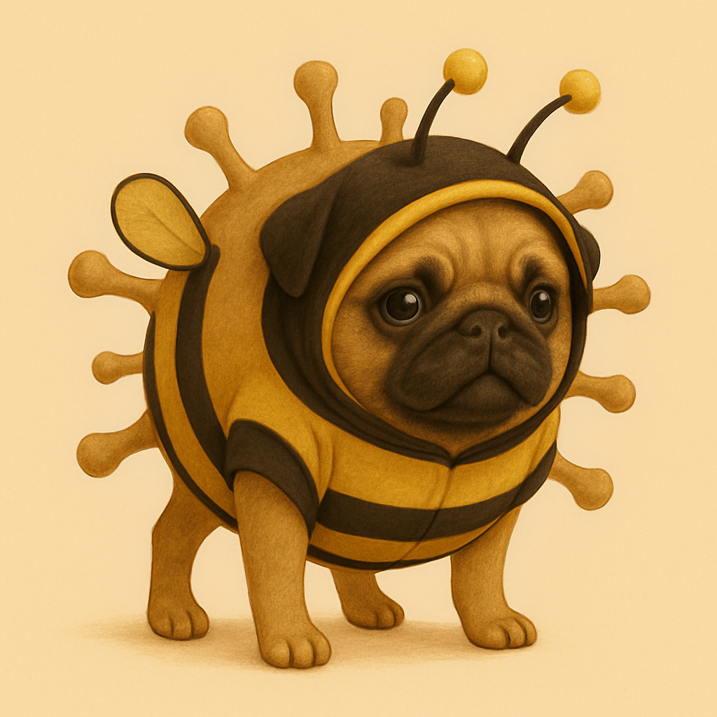 BeePug standing in virus suit